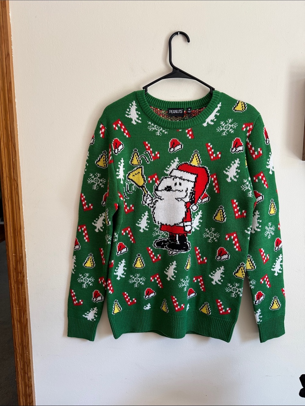 Peanuts Green Santa Bell Pattern Crewneck Sweater - Men